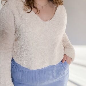 Free People Cream Textured V-Neck Sweater